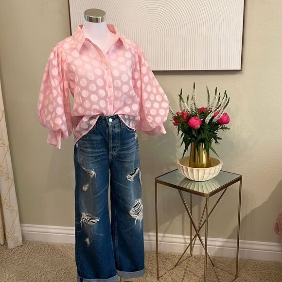 BLOOMINGDALE'S  GRACIA SHEERSPOTTED SHIRT, BNWT Size L - Picture 1 of 8
